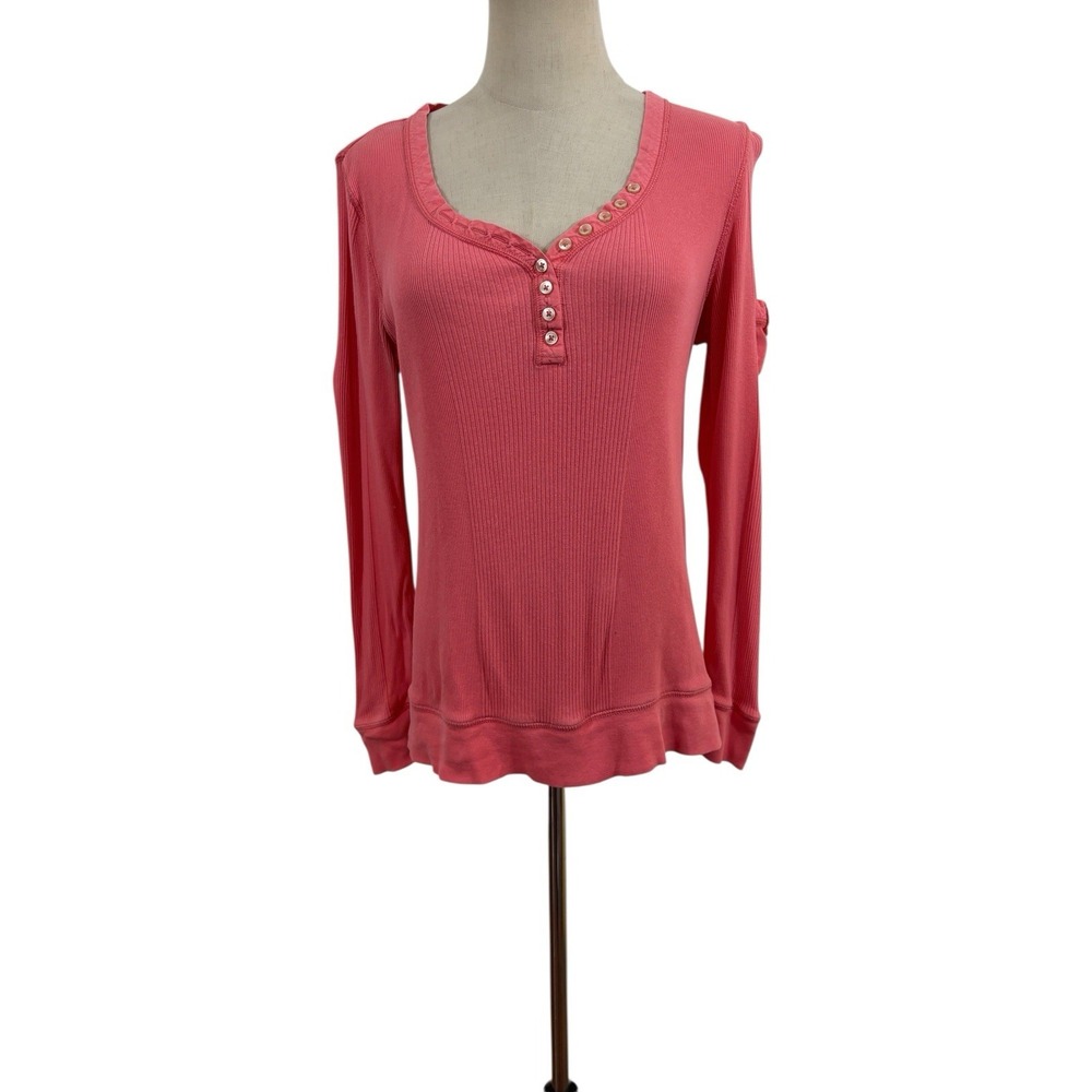 Vtg Y2K Old Navy Pink Ribbed Henley Thermal Top Sz L Grunge Preppy